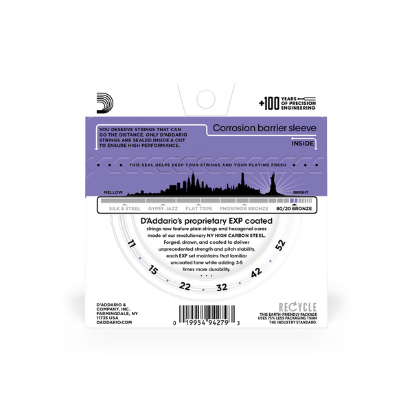 Струны для акустической гитары D'ADDARIO EXP13 EXP COATED 80/20 Bronze Custom Light (11-52)
