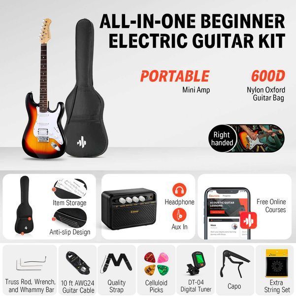 Гітарний набір Donner Music DST-100 Sunburst Electric Guitar Sunburst EC1098 + підсилювач та акссесуари
