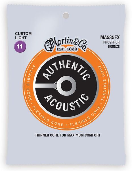 Струны для акустической гитары MARTIN MA535FX Authentic Acoustic Flexible Core 92/8 Phosphor Bronze Custom Light (11-52)