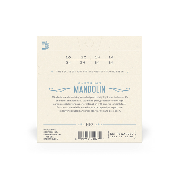 Струны для мандолины D'Addario EJ62 Mandolin 80/20 Bronze Light (10-34)