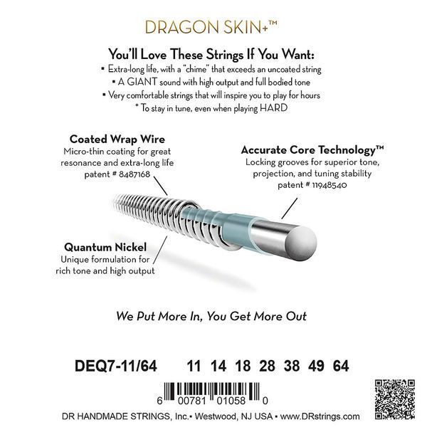 Струни для гітари DR Strings DRAGON SKIN+ Electric - Heavy 7-String (11-64)