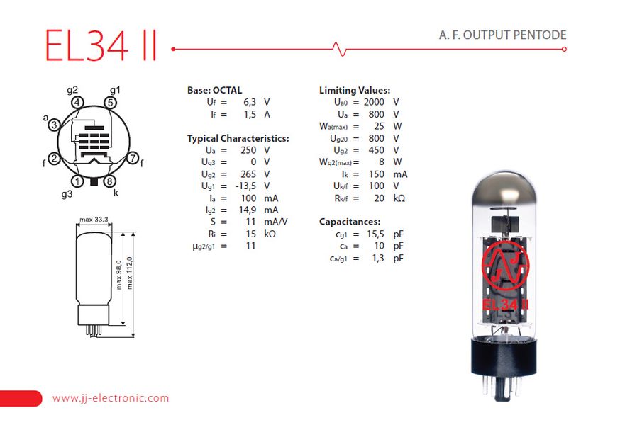 Лампа для підсилювачів JJ ELECTRONIC EL34 II (Підібрана 4-ка)